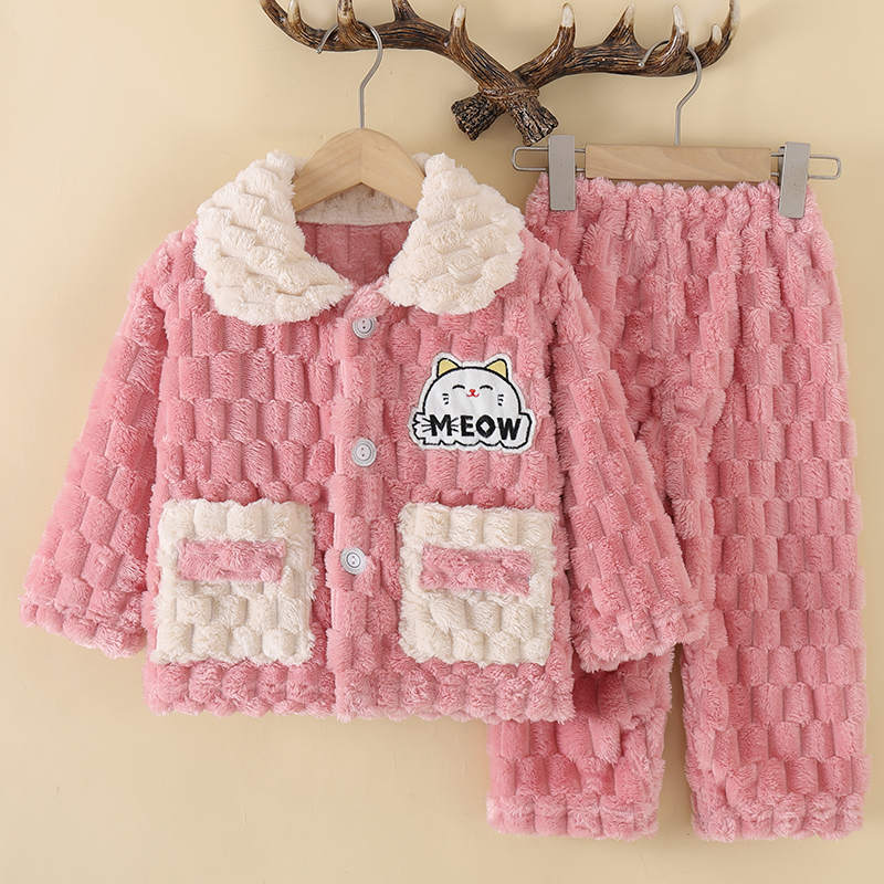 新款秋冬法兰绒套装男女童珊瑚绒