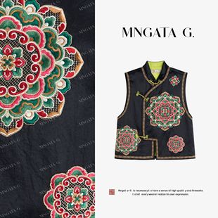 曼加塔【黑金宝相花】醋酸早秋新中式风马甲5031750