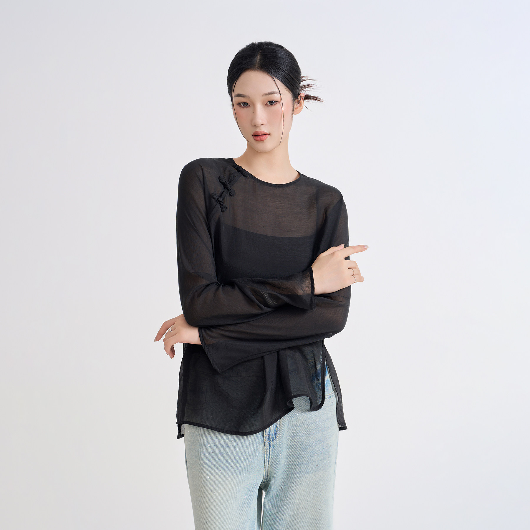 宫小妍【灵竺衬衫】早秋波嬉新中式女装女装天丝薄纱衬
