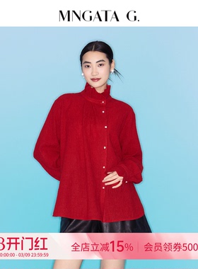 宫小妍【红也】新中式国风花边领珍珠羊毛长袖上衣5121702