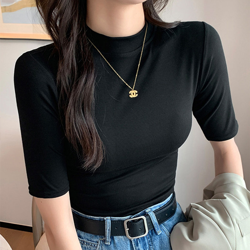 正肩黑色小立领中袖t恤女春秋内搭修身螺纹针织打底衫五分袖上衣