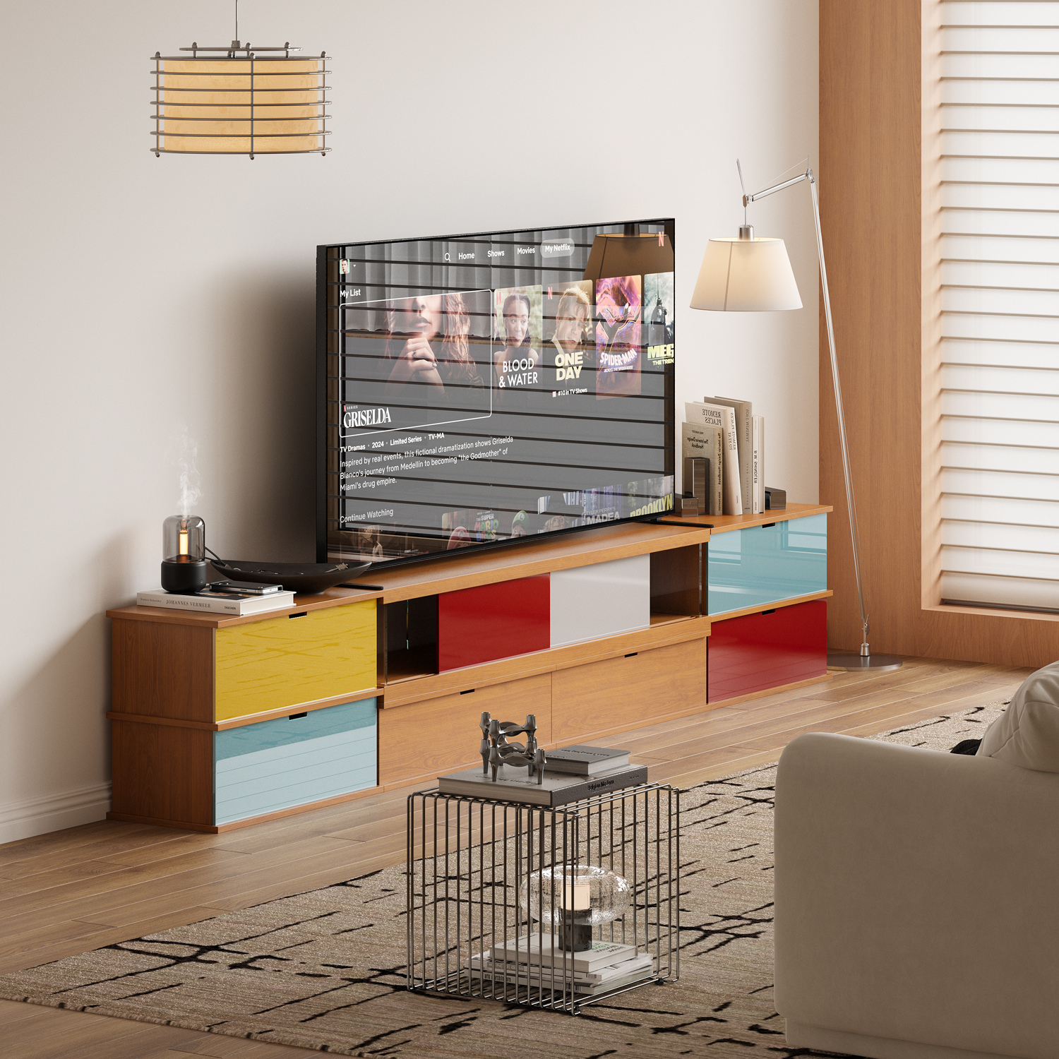 谷及原木质感彩色电视柜边柜储物