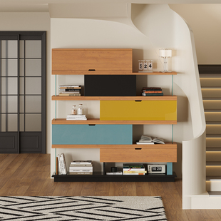 谷及实木玻璃翻盖置物架跳色设计商用家用客厅陈列架书架柜收纳柜