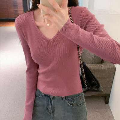 针织修身显瘦白色春秋打底衫V领