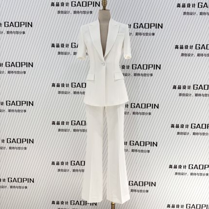 白色夏天短袖西装套装女薄款修身微喇叭裤两件套女神范团队工作服