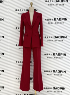 2026春秋款深红色阔腿裤西装套装女商务主持人艺考小西服显瘦原创