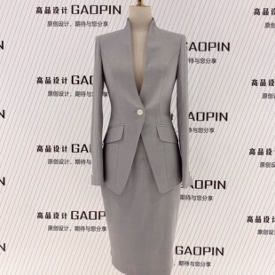 女职业商务工作西服修身 包臀裙套装 气质高级感 灰色立领西装 2026款