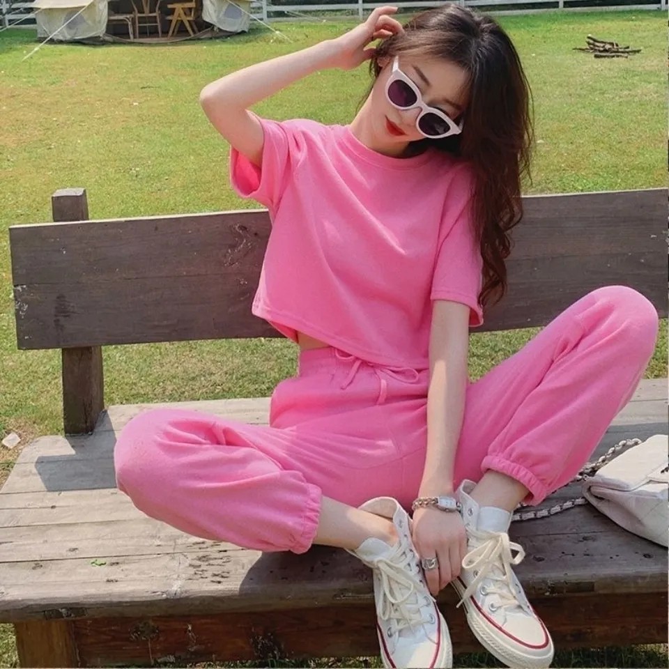 网红休闲套装两件套女2025年夏新款韩版短袖t恤+九分裤时尚洋气