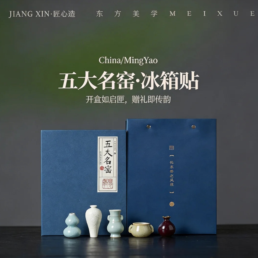 五大名窑汝窑陶瓷花瓶磁吸冰箱贴