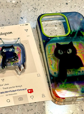个性黑猫旋转支架手机壳防摔