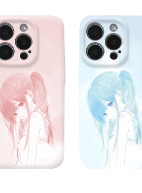 素描忧郁蓝粉少女适用iPhone16promax手机壳苹果13菲林17华为mate70pro创意vivo小米全包oppo红米k80硬壳荣耀
