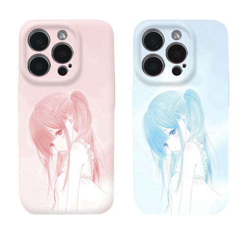 素描忧郁蓝粉少女适用iPhone16promax手机壳苹果13菲林17华为mate70pro创意vivo小米全包oppo红米k80硬壳荣耀