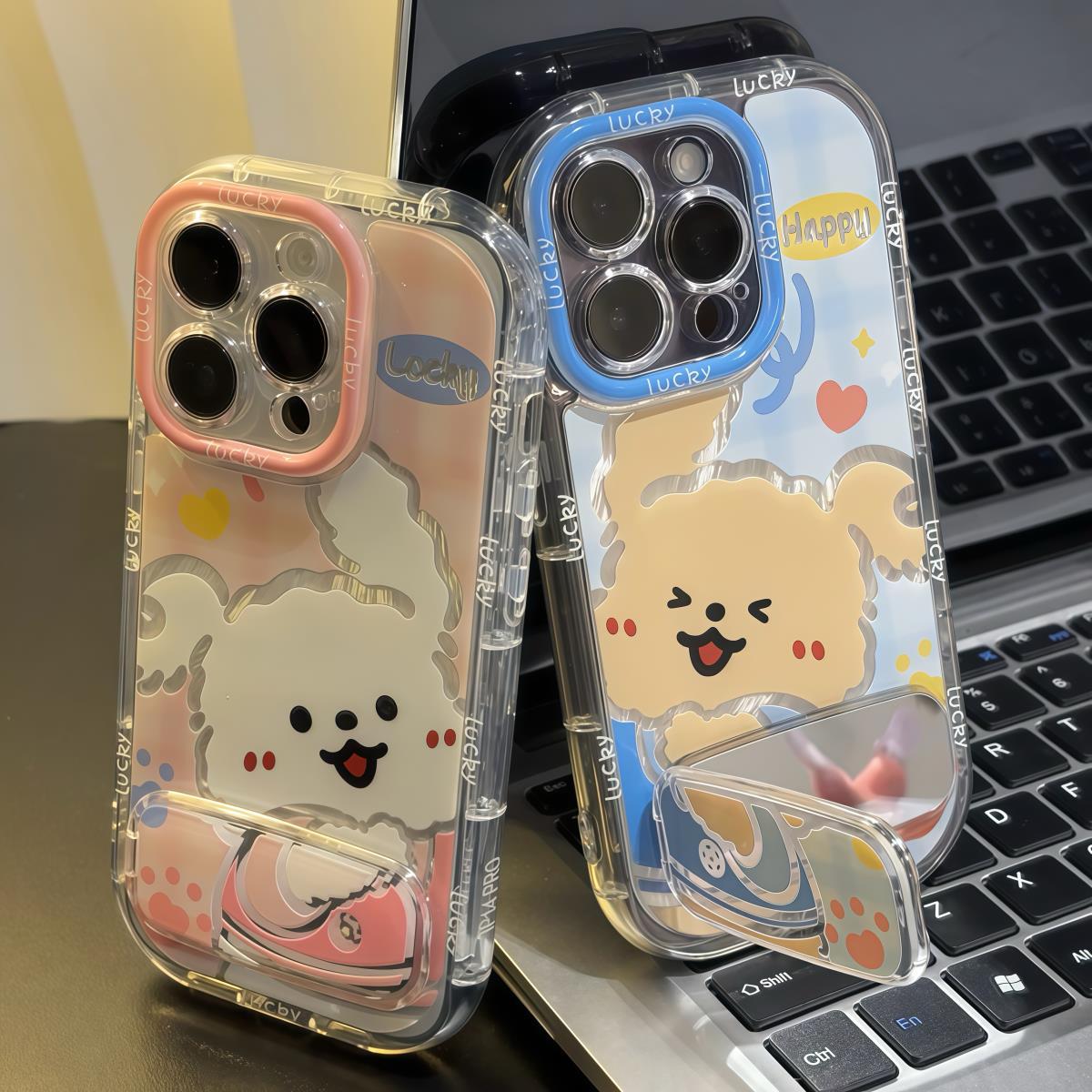 贴贴小狗镜面支架适用苹果16promax手机壳iPhone15新款华为mate60红米note13卡通k70小米14/vivoos19荣耀oppo