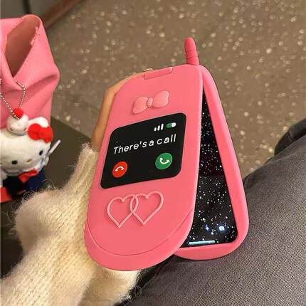 卡通立体趣味翻盖电话机补妆镜适用iphone16promax手机壳苹果14硅胶12全包11防摔15promax软壳13promax女款11