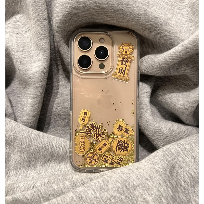 金箔流沙财神适用苹果17promax手机壳新款iphone16PRO财神爷15pro高级感14plus国风15防摔pm透明13创意12小众