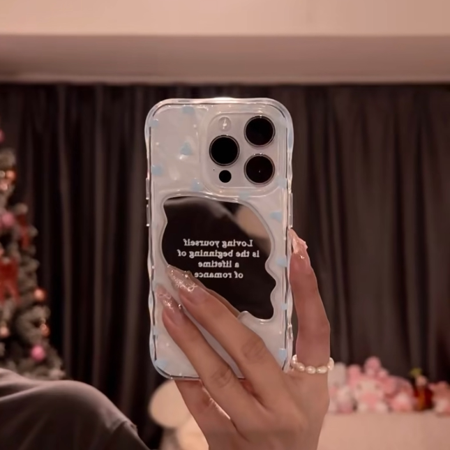 日韩ins蓝色爱心带补妆镜适用苹果17Promax手机壳iphone16pro新款15pro小众14高级感13华为mate70pro波浪镜子