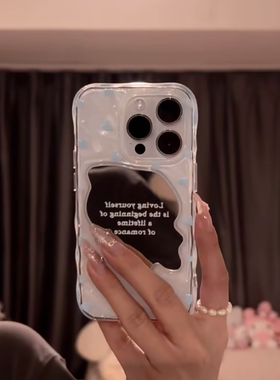 日韩ins蓝色爱心带补妆镜适用苹果17Promax手机壳iphone16pro新款15pro小众14高级感13华为mate70pro波浪镜子