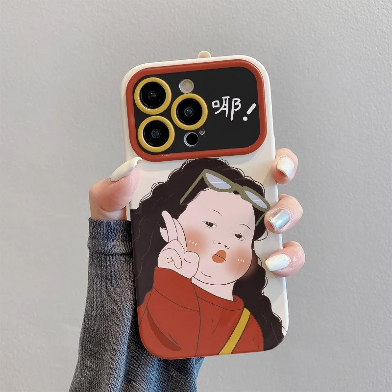 黑框小胖妞适用苹果16promax手机壳iPhone15卡通14promax创意13黑白橘扣挂绳12个性11白色磨砂大视窗17promax