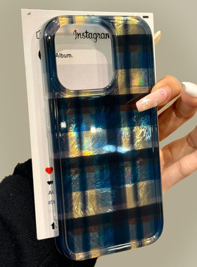 蓝色格纹适用苹果15promax手机壳iphone16新款12荣耀90高级感oppo华为mate60pro保护套vivo小米14红米note13