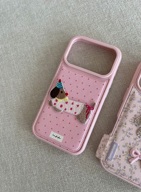 韩系波点腊肠狗适用苹果16promax手机壳iphone14pro新款13卡通12日韩11保护套15promax防摔17pro大孔皮纹气囊