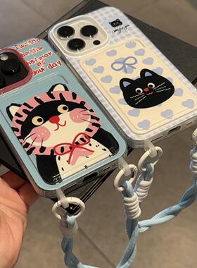 猫咪卡包适用苹果15promax手机壳iphone13新款荣耀90可爱挂绳oppo华为mate60pro保护套vivo小米14红米note13