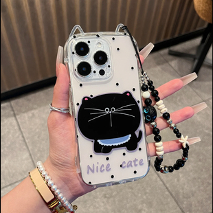 波点大脸猫适用苹果16promax手机壳iphone14pro新款 手链13猫耳朵12可爱11保护套15promax全包防摔x硅胶xr软壳
