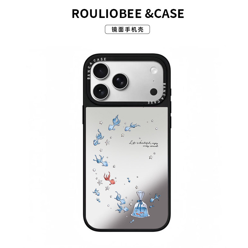 创意蓝色鱼群适用iPhone16promax手机壳13苹果15卡通12华为p70nova14小米17pro荣耀300潮牌镜面vivoppo红米14