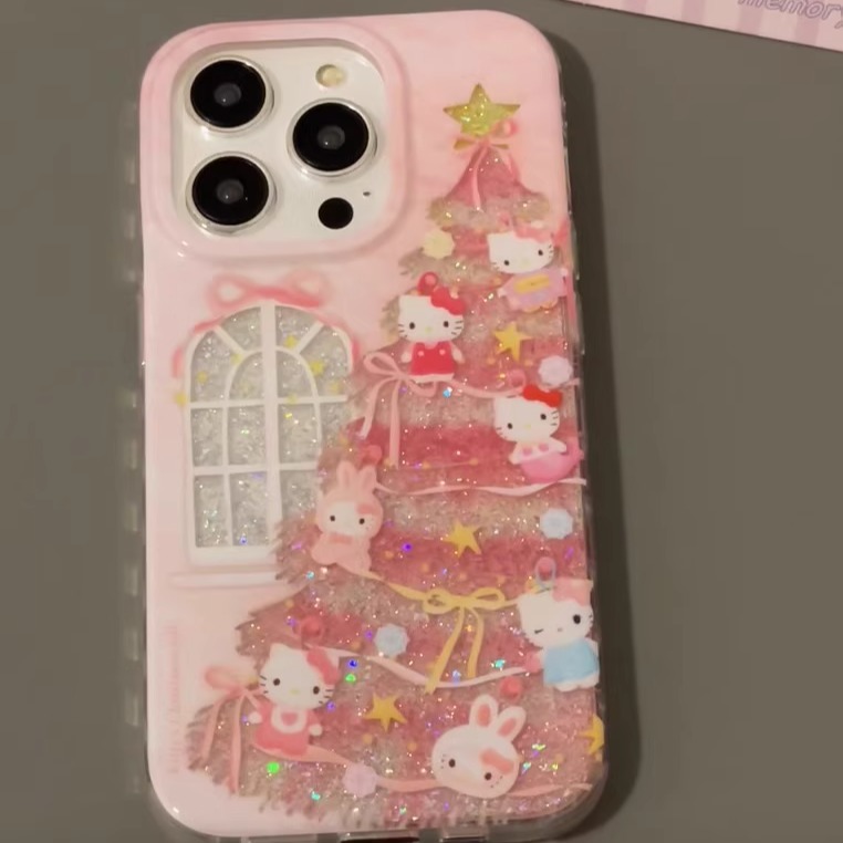 彩灯圣诞树KT猫适用苹果16promax手机壳iphone14pro新款13高级感12可爱11闪粉保护套15promax卡通xr挂坠xsmax