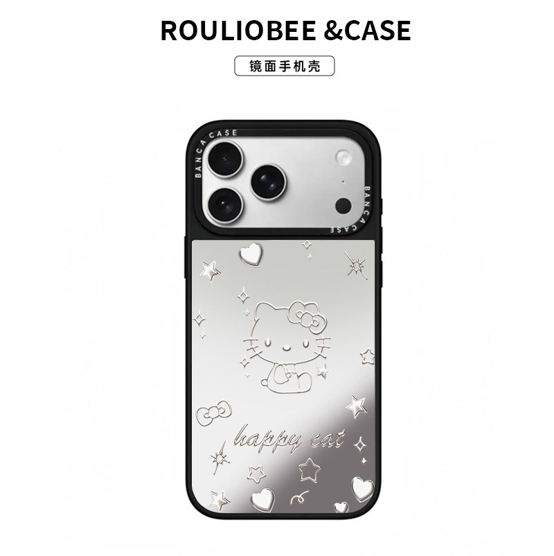 线条银色猫咪适用iPhone16promax手机壳13苹果15卡通12华为p70nova14小米17pro荣耀300潮牌镜面vivoppo红米14