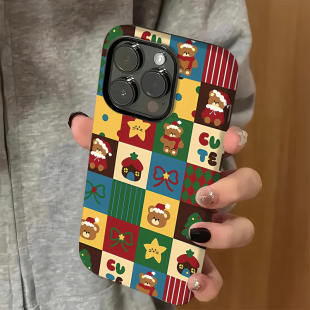 彩色圣诞格子适用苹果16pro手机壳iPhone15可爱17华为mate60新款 p70pro磨砂菲林vivo小米14红米k70荣耀90oppo