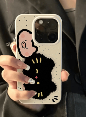 黑猫小猪适用苹果15promax手机壳iphone14pro新款13趣味12小众11白色保护套max防摔x硅胶xr软壳xsmax大孔插画