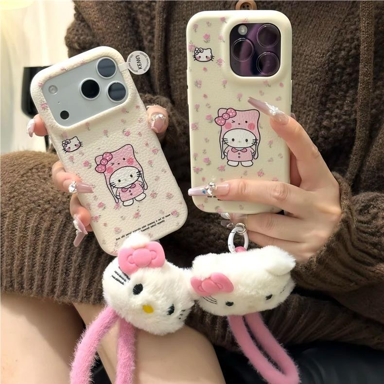 毛绒KT猫挂坠适用苹果17promax手机壳新款iphone16pro可爱15华为p70保护套12卡通13小米14皮纹壳vivo荣耀oppo