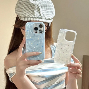 ins蓝小星星插画适用苹果16promax手机壳iPhone14pro新款13卡通12可爱女11保护套15promax防摔15plus时尚褶皱