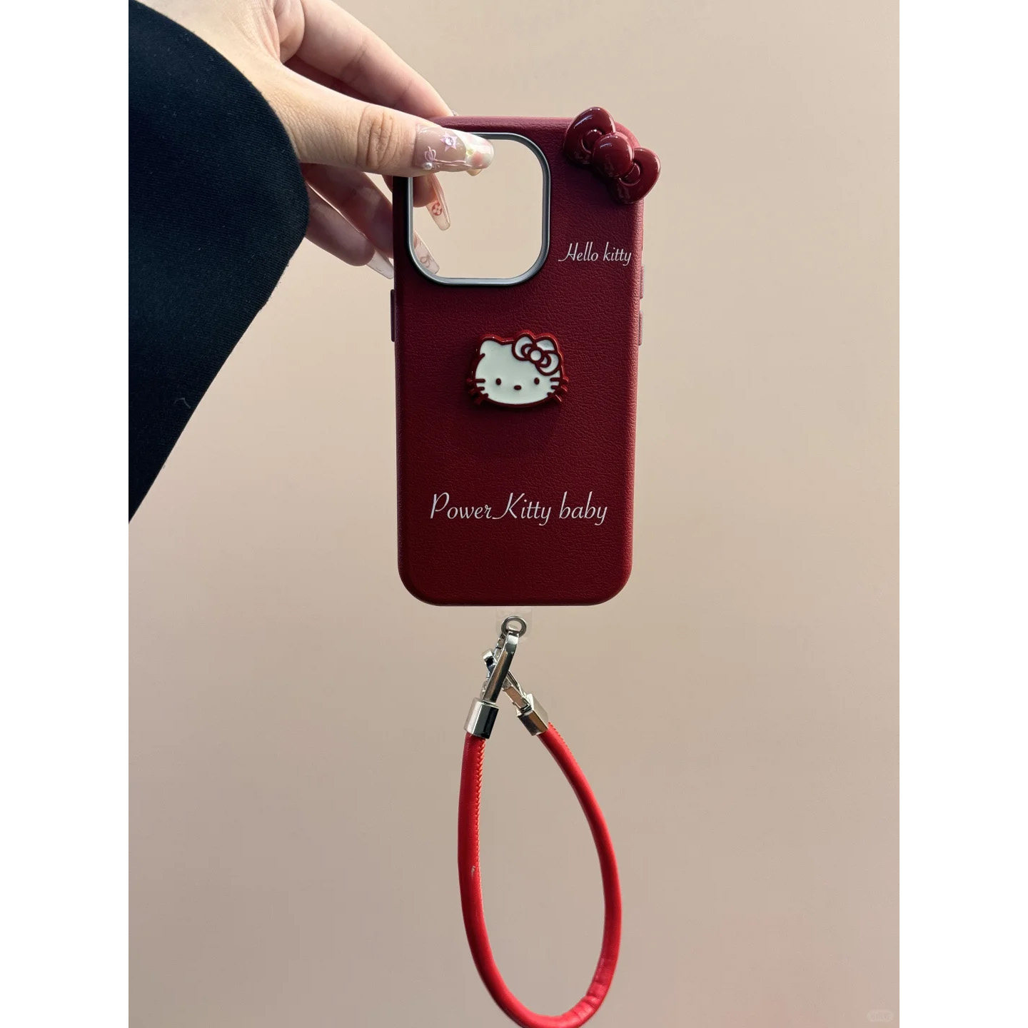 立体蝴蝶结凯蒂猫酒红皮绳手机壳