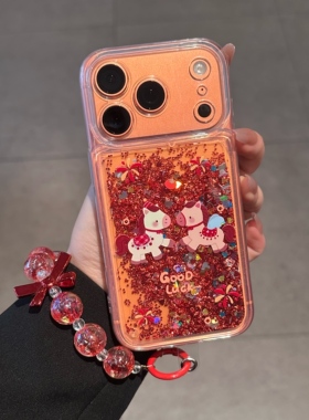 红色流沙小马适用苹果16promax手机壳17PRO新款华为mate70新年红nova14创意OPPOReno13高级s30手链小米15防摔