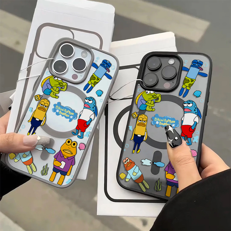 比奇堡路人鱼适用iPhone16promax无线充电磁吸手机壳15promax新款14promax透明11卡通可爱13创意16plus情侣款