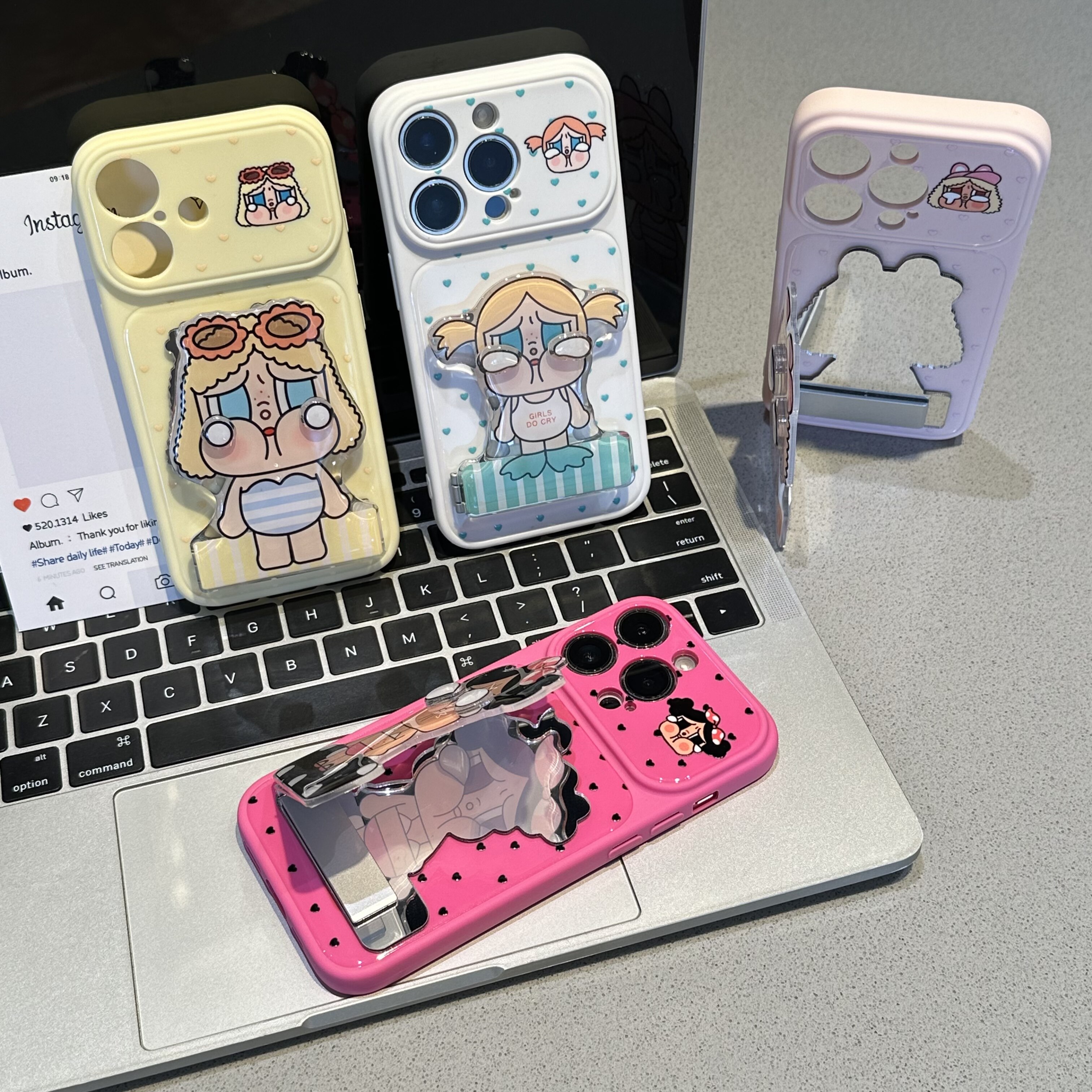 镜子哭娃支架适用iPhone17pro新款苹果16promax手机壳13pm可爱少女心14PRO网红卡通保护套15promax全包16plus