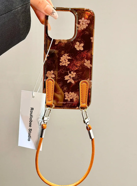 复古花朵适用苹果15promax手机壳iphone16pro皮绳12华为mate60新款pura70/vivo小米14红米note13荣耀oppok70
