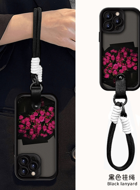 黑色玫瑰适用苹果15promax手机壳iphone16新款mate60全包12红米note13挂绳小米14华为pura70荣耀vivoppo潮流