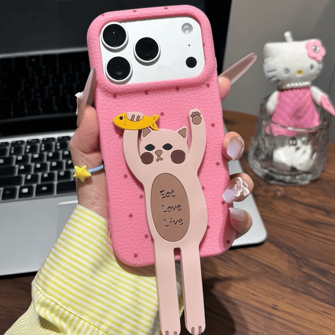 抓鱼小猫适用苹果17promax手机壳新款iPhone16pro支架14华为p80保护套12创意13小米17皮纹VIVO荣耀opporeno15