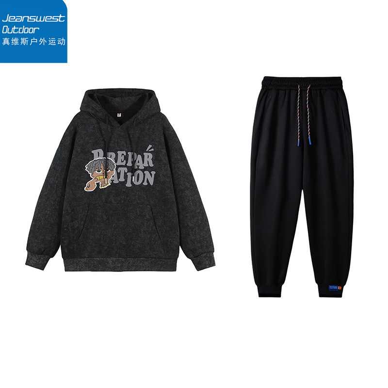 真维斯户外运动韩版潮束脚情侣连帽卫衣男女宽松休闲百搭长裤套装