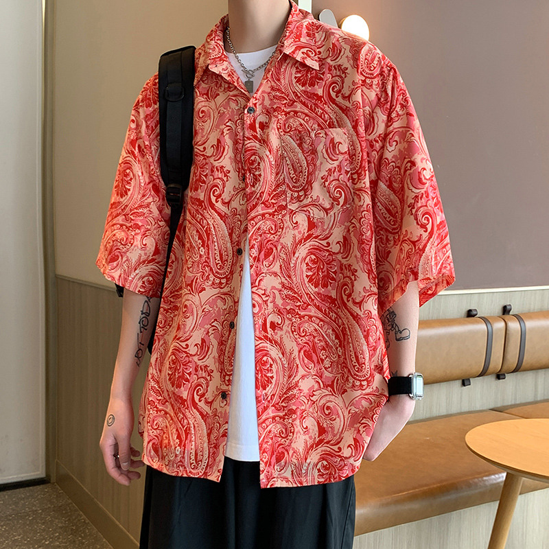 夏威夷花衬衫男泰国风餐厅短袖衬衫复古潮流痞帅度假沙滩宽松衬衣