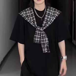 小众设计格子披肩假两件T恤男女生潮牌宽松休闲cleanfit短袖上衣