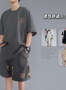 华夫格休闲套装男士大码夏季微胖男生穿搭夏天运动短袖短裤一整套