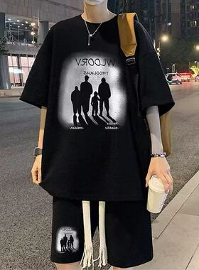 华夫格套装男夏季运动短袖短裤两件套青少年男士夏装搭配一套帅气