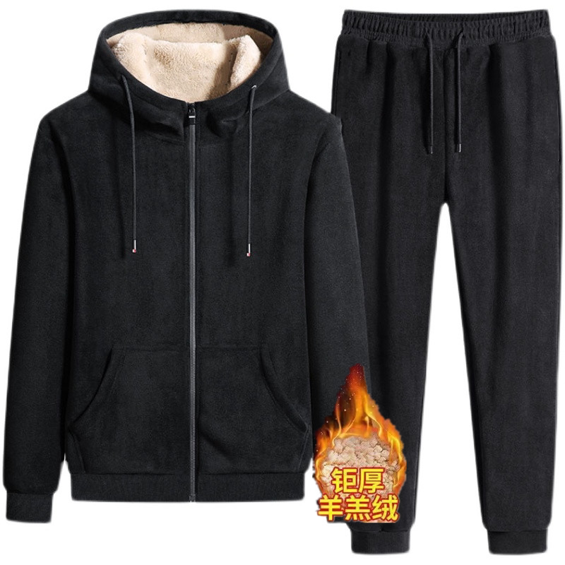 冬季加厚羊羔绒套装男加绒休闲运动服宽松中老年人爸爸卫衣两件套