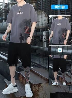 2023夏季冰丝t恤男短袖潮牌百搭宽松ins半袖上衣男士韩版潮流套装