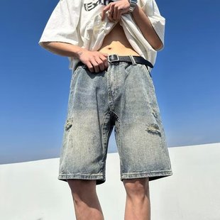薄款 潮牌街头百搭五分裤 破洞牛仔短裤 vibe复古宽松中裤 男美式 夏季