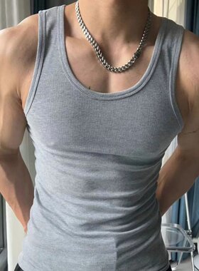 浅灰色紧身背心外穿螺纹健身弹力运动修身薄款吸汗显肌肉打底训练