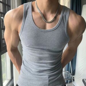 浅灰色紧身背心外穿螺纹健身弹力运动修身薄款吸汗显肌肉打底训练
